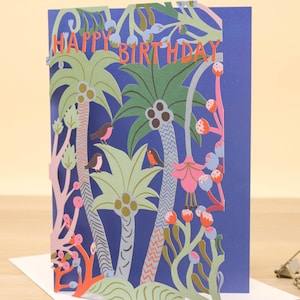 Cartão de aniversário com palmeira cortada a laser para amantes da praia - Cartão de feliz aniversário com arte recortada em papel - Cartão de aniversário de praia com arte