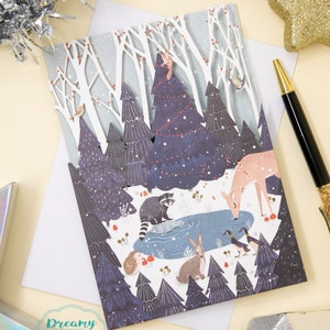 Dieren in de vijver Lasergesneden kerstkaart 2024 - kerstkaart Cadeau voor moeder - Lasergesneden ontwerp dieren kerstcadeaukaart - Wenskaart