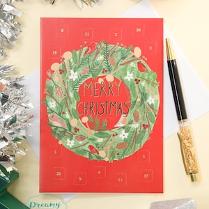 Christmas Wreath Advent Calendar Card - Minimalist Christmas Countdown Card for Kids - Christmas Garland Merry Christmas Card