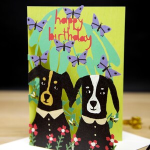 Carte pop-up d'anniversaire duo de chiens - Carte d'anniversaire 3D Abeilles - Carte de célébration Jardin de chiens