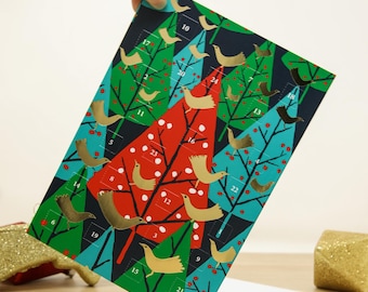 Vintage Bird Advent Calendar Card 2026 - Christmas Countdown with Christmas Tree and Birds Card - Cute Christmas Cards for Bird Lover