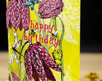 Blossoming Fritillaria Card - Tulips Laser Cut Birthday Card for Her - Botanical Art for Wildflower Lover