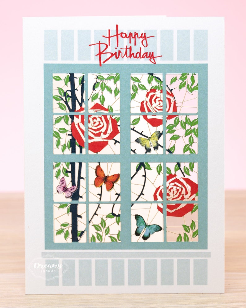 Laser cut Red Roses & Butterflies on Window Birthday Card, Rose Birthday Card for Wife or Mum, Floral Happy Birthday Card for Women