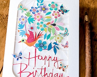 Carte de joyeux anniversaire papillons découpée au laser pour femme - Oeuvre d'art floral pour carte d'anniversaire pour maman - Cadeau floral pour artiste
