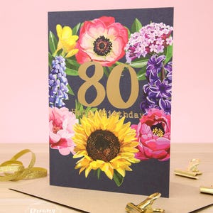 Carte d'anniversaire fleur 80e fabriquée au Royaume-Uni - carte d'anniversaire florale - cadeau 80e anniversaire