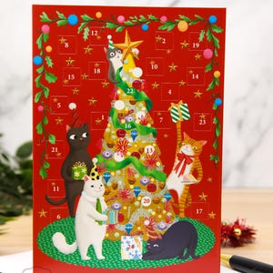 Partying Christmas Cats Advent Calendar Card - Christmas Tree Card for Cat lovers - Advent Card for Kids Christmas Countdown