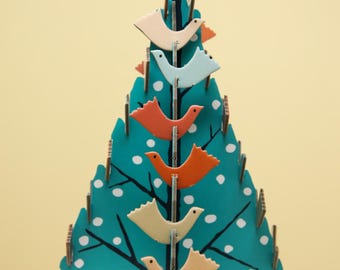 Pop and Slot Blue Mini Christmas Tree - Folky Mini Paper Christmas Tree for bird lovers – Miniature Craft for Mantel Decor