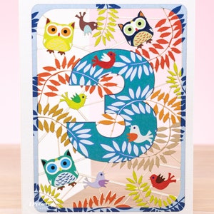 Découpée au laser 3e carte d'anniversaire hibou garçon - art découpé en papier impression hibou 3e carte d'anniversaire - chouette mignon oeuvre d'art 3e anniversaire petite-fille carte