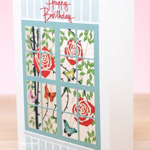 Laser cut Red Roses & Butterflies on Window Birthday Card, Rose Birthday Card for Wife or Mum, Floral Happy Birthday Card for Women