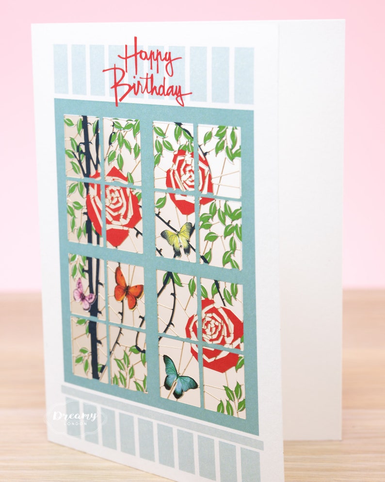 Laser cut Red Roses & Butterflies on Window Birthday Card, Rose Birthday Card for Wife or Mum, Floral Happy Birthday Card for Women