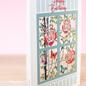 Laser cut Red Roses & Butterflies on Window Birthday Card, Rose Birthday Card for Wife or Mum, Floral Happy Birthday Card for Women