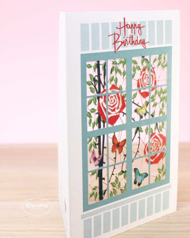 Laser cut Red Roses & Butterflies on Window Birthday Card, Rose Birthday Card for Wife or Mum, Floral Happy Birthday Card for Women