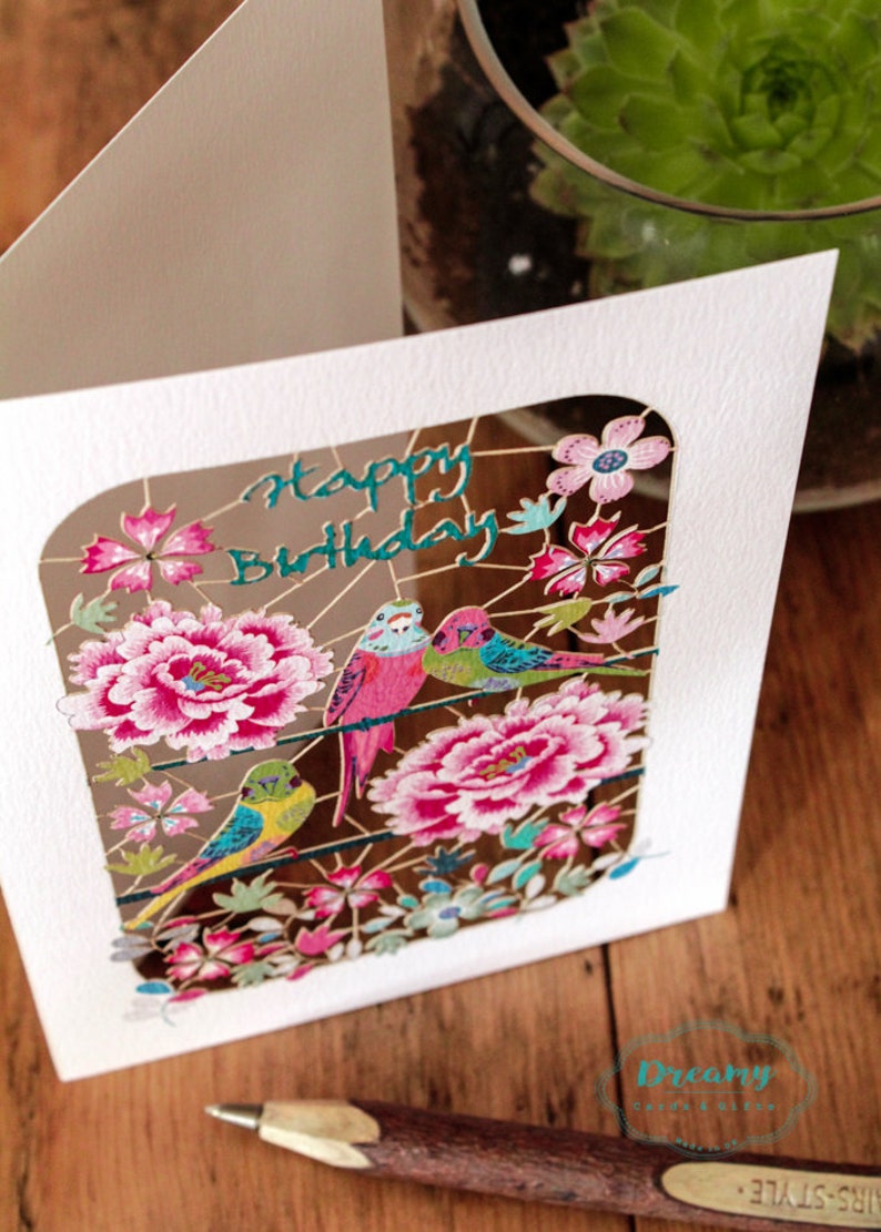 luxury laser cut-out Birds and Flowers Birthday Card made in England