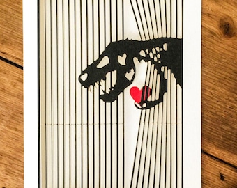Carte découpée au laser drôle de dinosaure squelettique de Saint-Valentin - carte de Saint-Valentin d'art découpée au laser pour lui - carte drôle découpée au Laser de Saint-Valentin