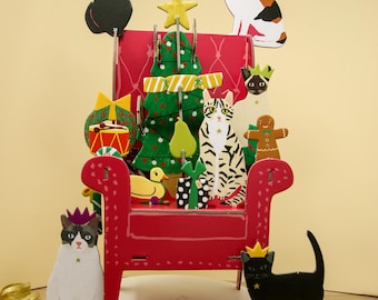 Mini Christmas Tree Advent Calendar Christmas Pop & Slot – Vintage Christmas Decor with Cutout Chair – Mini Christmas Activity for Cat Lover