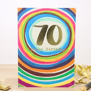 Carte d'anniversaire arc-en-ciel art 70e - cadeau de papeterie en feuille d'or pour grand-père et grand-mère - carte d'anniversaire amusante fabriquée au Royaume-Uni