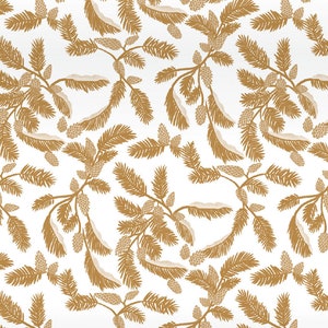 May include: A seamless pattern featuring gold pine branches with pine cones on a white background.