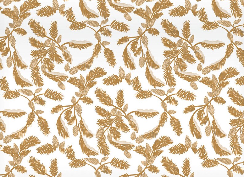 May include: A seamless pattern featuring gold pine branches with pine cones on a white background.