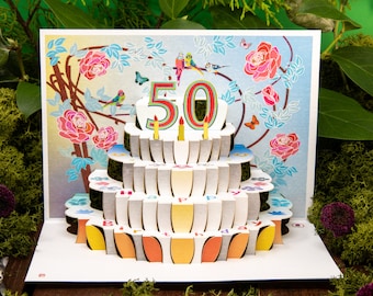 Laser cut Pop-up 50th Birthday Card Made in UK - 50th 3D Birthday Card for Her - 3D Birthday Cake 50th Birthday Gift