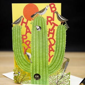 Carte d'anniversaire oiseau sur cactus - Carte d'anniversaire estival de cactus - Carte d'anniversaire laser pour amateurs de plantes succulentes et de plantes