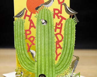 Bird on Cactus Birthday Card – Summertime Birthday Cactus Card – Succulence & Plant Lover Laser Birthday Card