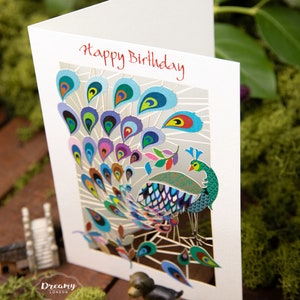 Laser cut Peacock Birthday Card for Women - Peacock Happy Birthday Card for Wife - Female Birthday Card