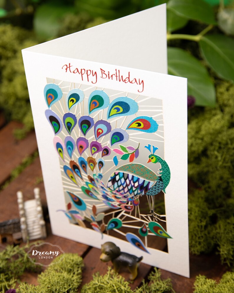 Laser cut Peacock Birthday Card for Women - Peacock Happy Birthday Card for Wife - Female Birthday Card