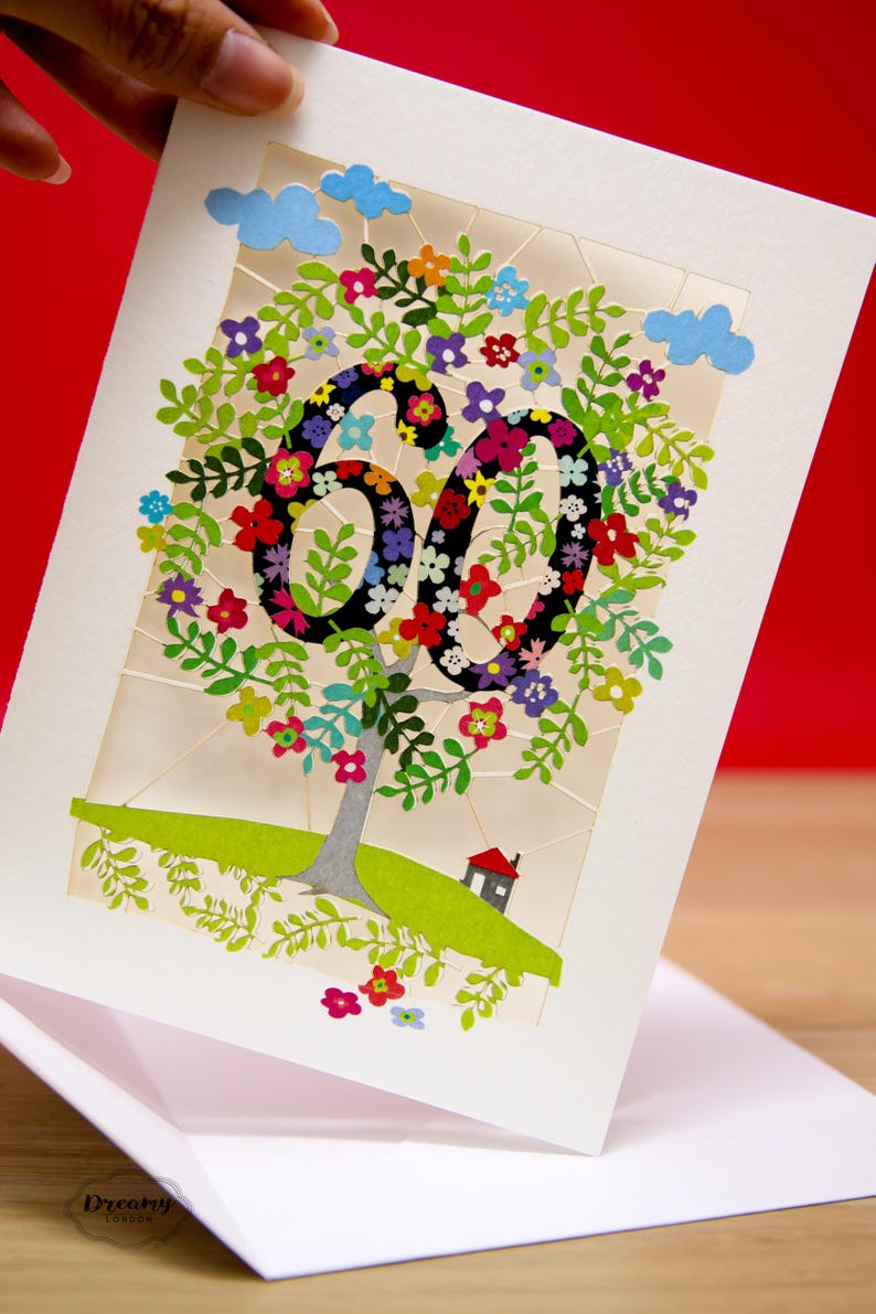 Paper Cut Art Gold 60 Birthday Card - 60 Year Old Jigsaw 60th Cards - Laser cut Tree of Life 60th Birthday Card - Made in UK image 1