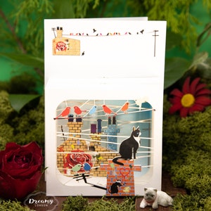 Tarjeta romántica de amor con un gato en la chimenea cortada con láser para amantes de los gatos, tarjeta romántica de amor con un gato para padres peludos