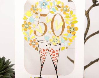 Laser Cut 50th Golden Wedding Anniversary Card - Wine Golden Anniversary Card - Champaigne Golden Wedding Anniversary Gifts