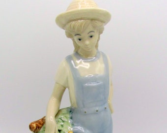 Signed Clean Spanish Porcelain Gardener Girl in Overalls with Hoe Made in Spain