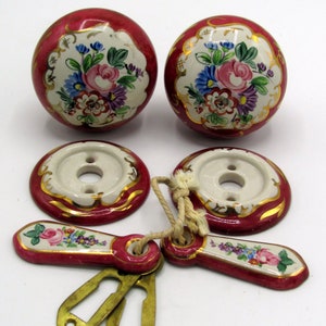 Lot of 2 Victorian Hand Painted Floral Design Door Knobs, Bases, Keyhole Covers