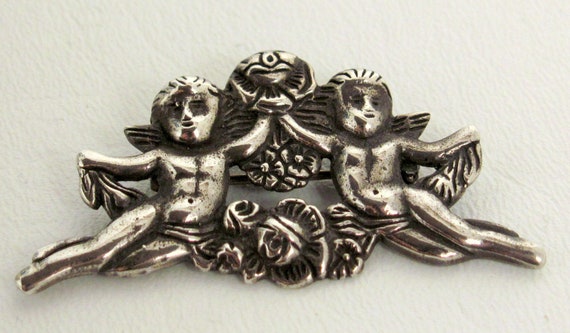 Antique  Putti Cupids & Flowers Putto Brooch Pin … - image 2