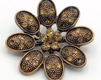 Estate Copper Sparkling Amber Rhinestone Flower Brooch Pin 1.3" Diameter