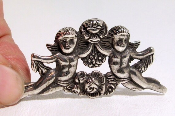 Antique  Putti Cupids & Flowers Putto Brooch Pin … - image 7