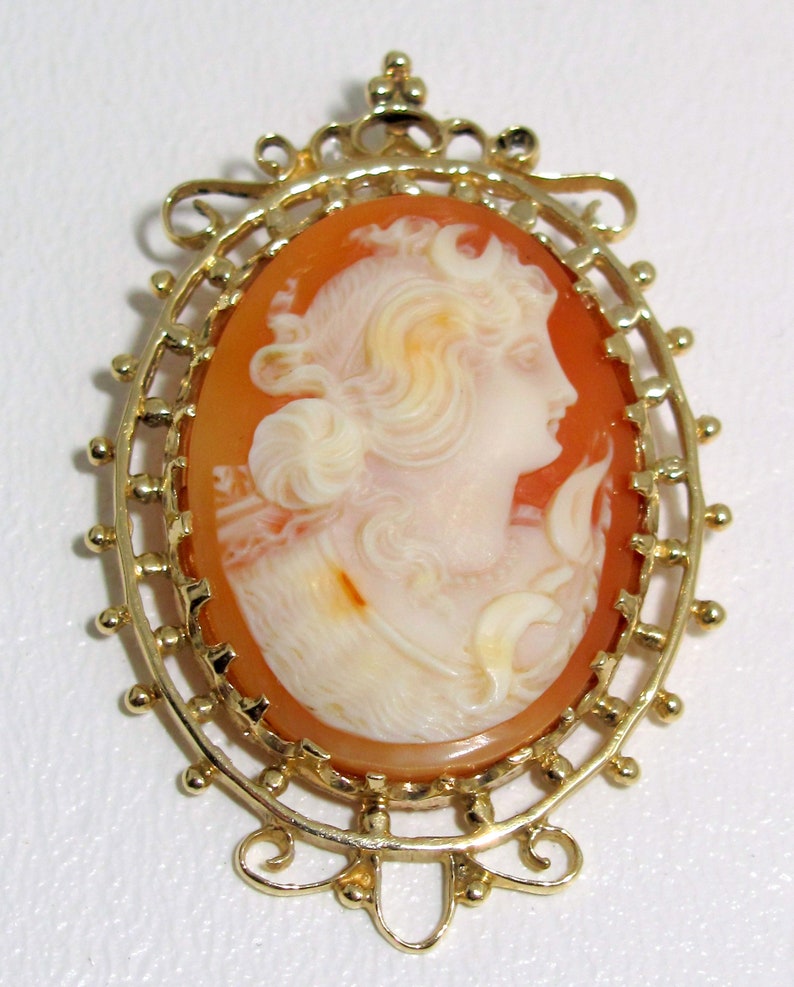 Artemis Diana the Huntress Moon Goddess Antique Victorian Hand Carved Shell Cameo Vintage 14K Gold Pendant image 1