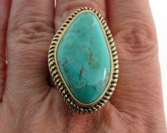 BARSE Turquoise BRONZE RING Southwestern Style 1.47" Long! Statement Size 10.5