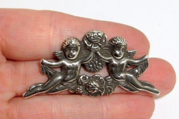 Antique  Putti Cupids & Flowers Putto Brooch Pin … - image 1