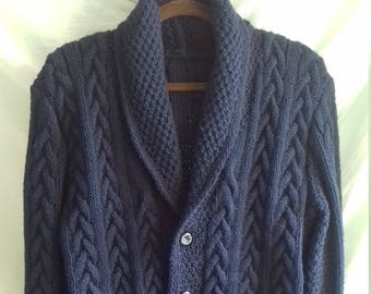 Hand Knit/Handmade Warm Dark Blue Wool Blend Shawl Collar Cable Men's Sweater/Cardigan Clasped On Five Buttons Custom Order