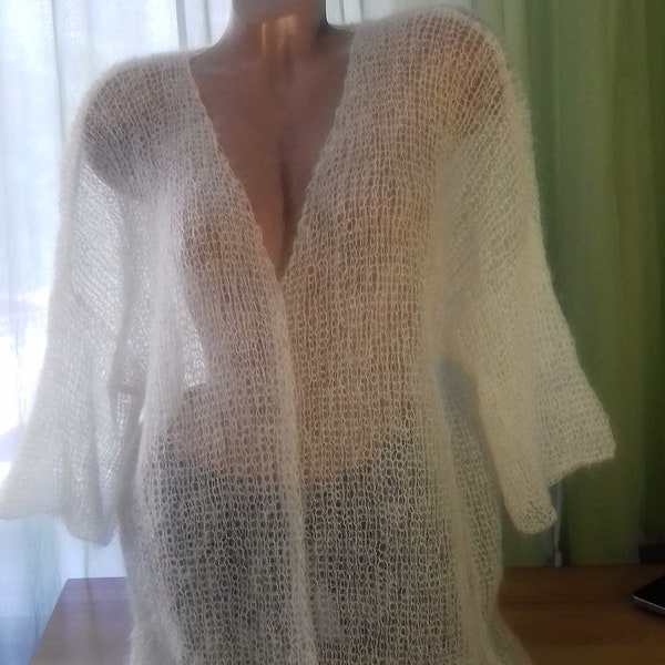 Hand Knit Cardigan/Off Milk Mohair Bridal Cardigan /Top, Transparent Light Airy Thin Soft  Mohair Summer/Autumn Open Front Cardigan/Sweater