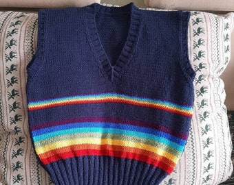 Sweater Vest, Hand Knit, Hand made Men's Rainbow Sweater Vest, wool acrylic blend, Made to Order