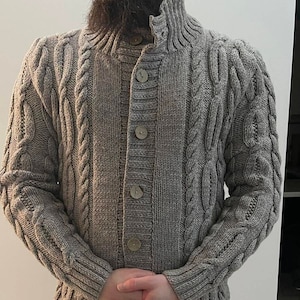 Hand Knit/Handmade Warm Grey Wool Blend Shawl Collar Cable Men's Sweater/Cardigan Clasped On Seven Buttons Custom Order