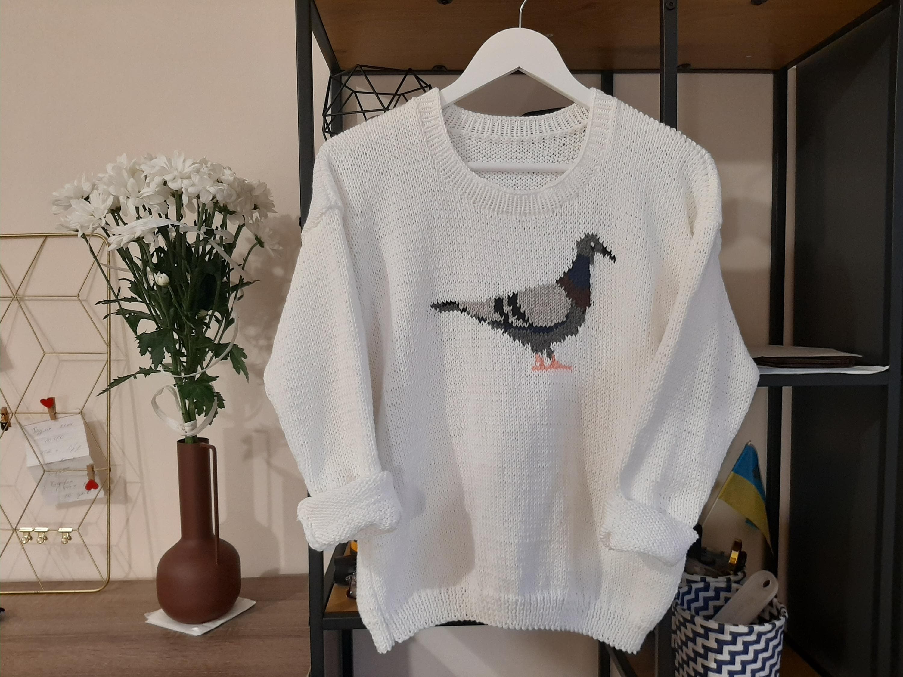 Hand Knit Cotton Sweater: Women's Crew Neck With Pigeon - Etsy