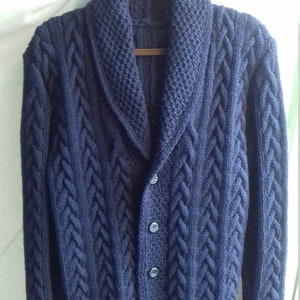 Hand Knit/handmade Warm Dark Blue Wool Blend Shawl Collar Cable Men's ...
