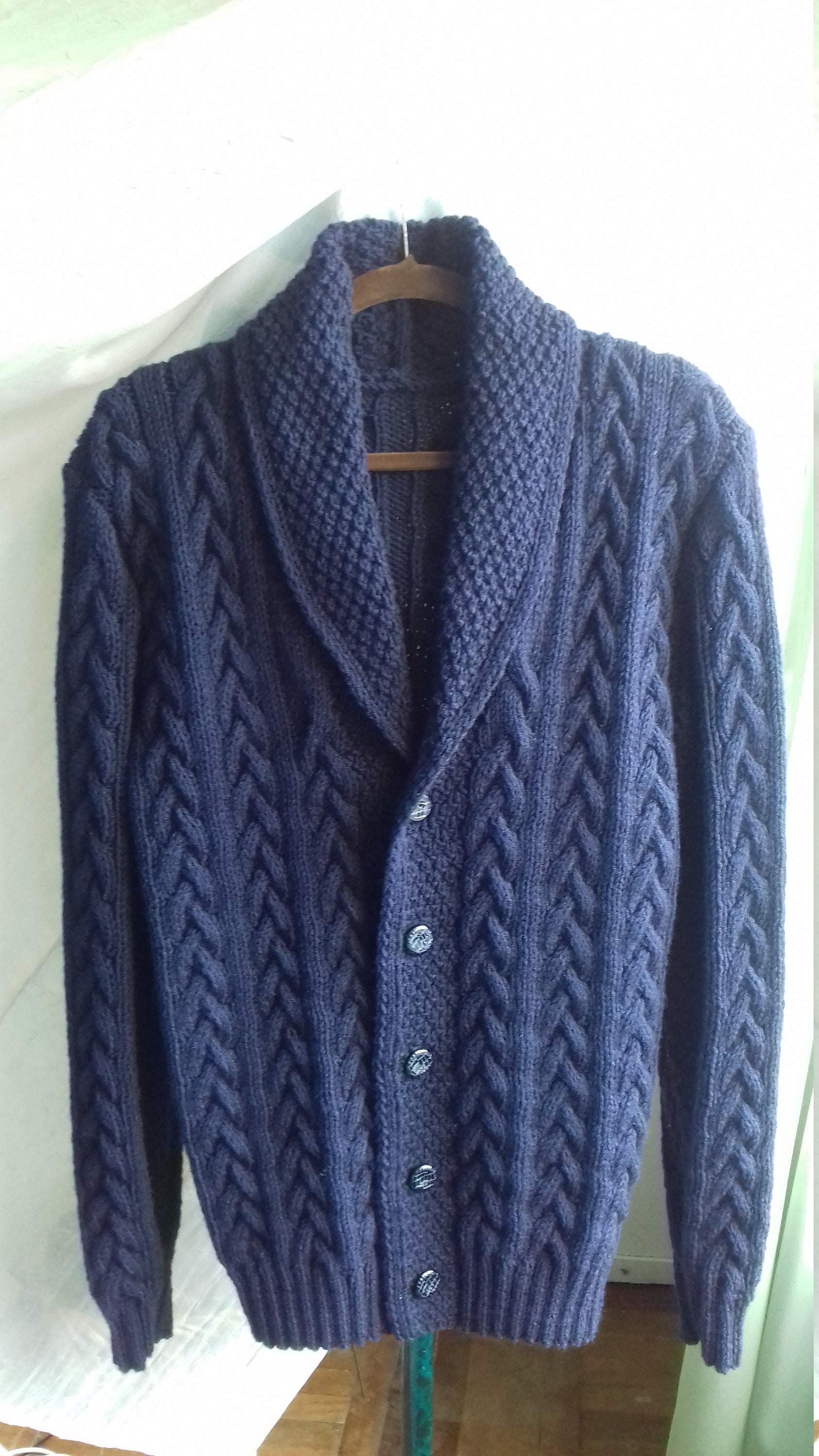 Hand Knit/handmade Warm Dark Blue Wool Blend Shawl Collar Cable Men's  Sweater/cardigan Clasped on Five Buttons Custom Order 