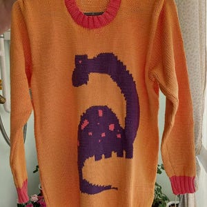 Hand Knit/Handmade Soft Orange Pure Cotton  Men's/Women's Sweater/Custom Order/ Dinosaur Sweater
