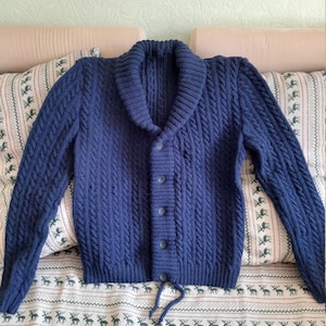 Hand Knit/Handmade Warm Dark Blue Wool Alpaca Blend Shawl Collar  Men's Sweater/Cardigan Clasped On Five Plastic Buttons Custom Order