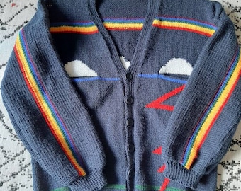 Hand Knit Unisex Rainbow Cardigan, Worn by Princess Diana/Featuring the Rainbow, Clouds, Rain and Lightning, Clasped on Seven Buttons