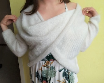 Hand Knit White Mohair Bridal Top, Draped Warm Soft  Mohair  Custom Color Sweater