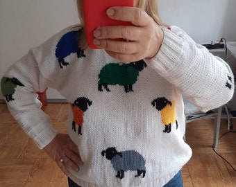 Handmade/Handknit White  Crew Neck Wool Acrylic Blend Sweater Featuring Multi Color Sheep/Custom Order/Custom Colors